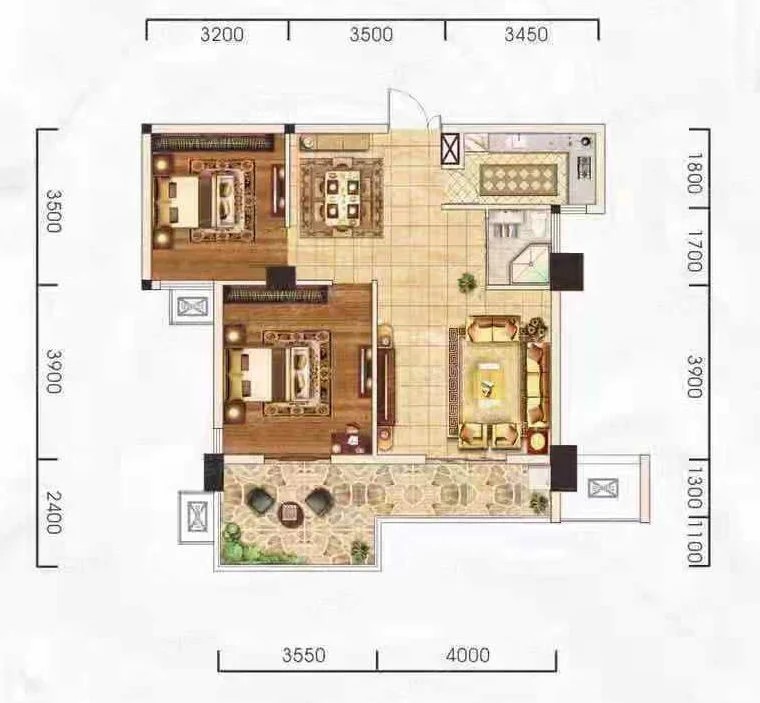 B户型 2室2厅1卫 建面约：87.40㎡