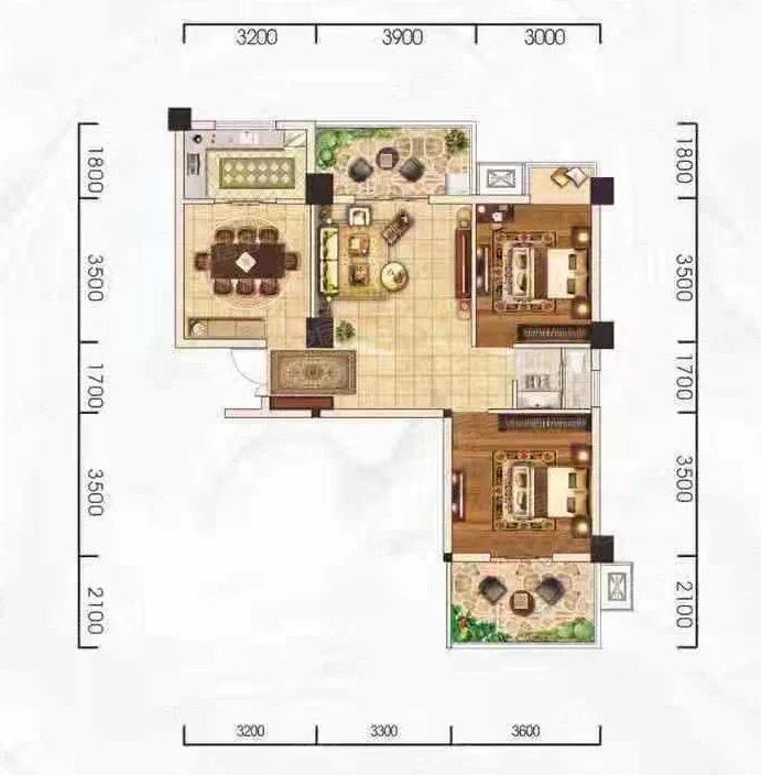 C户型 2室2厅1卫 建面约：93.13㎡