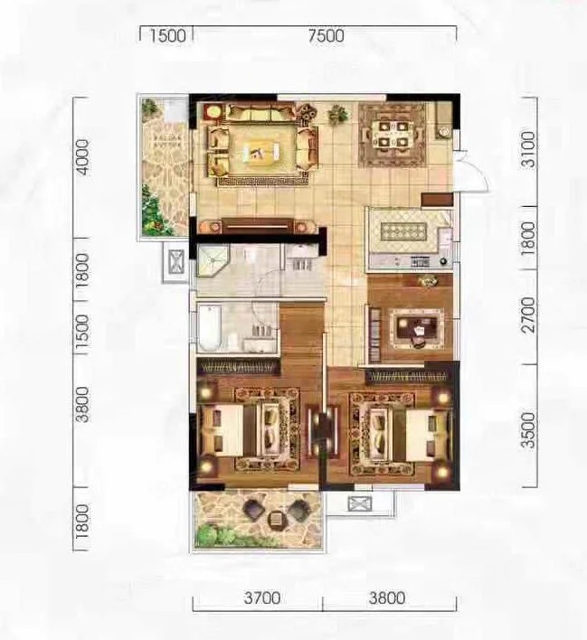 D户型 3室2厅2卫 建面约：114.15㎡